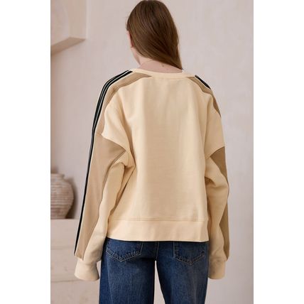 Beige Contrast Striped Patchwork Drop Shoulder Loose Sweatshirt