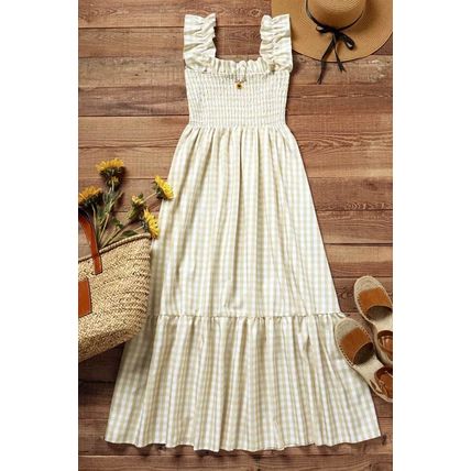 Khaki Plaid Ruffled Sleeve Smocked Maxi Dress