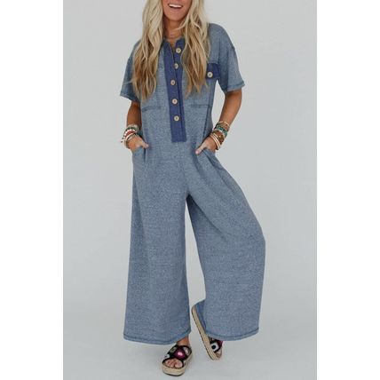 Beau Blue Half Placket Chest Pockets Short Sleeve Wide Leg Jumpsuit