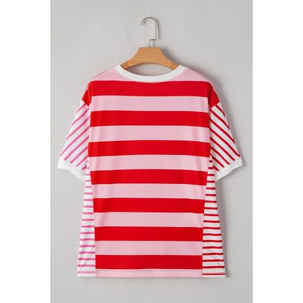 Pink Stripe Patchwork Round Neck Side Split Loose T Shirt