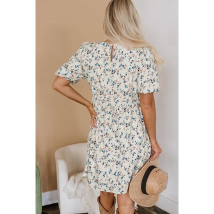 Beige Floral Puff Short Sleeve Empire Waist Mini Dress