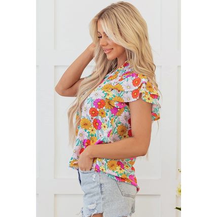 Yellow Floral Print Shirred Tiered Ruffled Sleeve Blouse