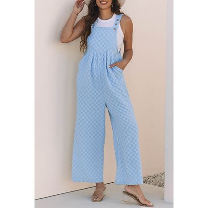 Beau Blue Checkered Pocketed High Waist Wide Leg Overall