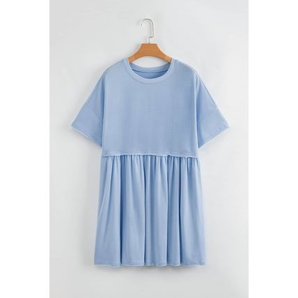 Sky Blue Solid Color Pocketed Raw Edge Babydoll Dress