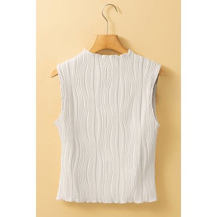 White Solid Color Wavy Textured Round Neck Tank Top