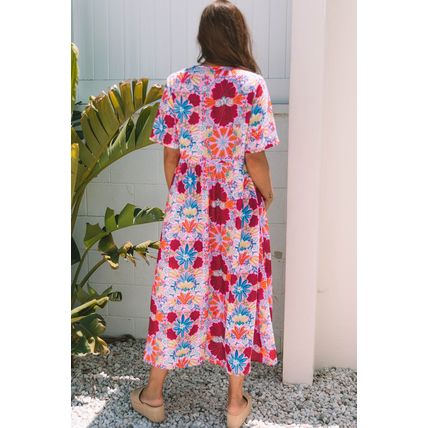 Rose Floral Tied Front High Waist Short Sleeve Loose Long Dress