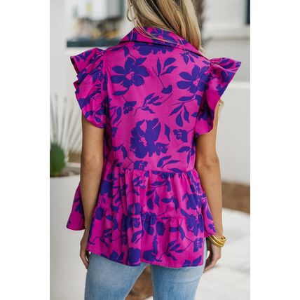 Rose Floral Print Collared Button Neckline Flutter Sleeve Blouse