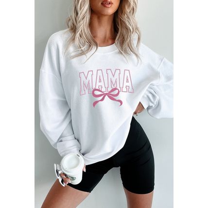 White MAMA Bowknot Embroidered Ribbed Pullover Sweatshirt