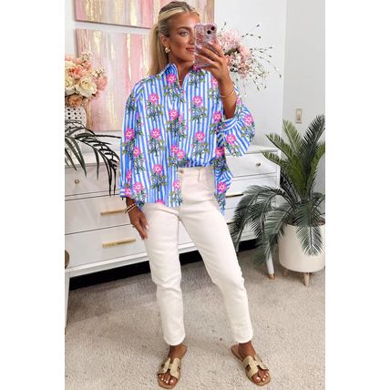 Blue Striped Floral Print Buttoned Cuffs Loose Fit Shirt