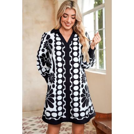 Black Polka Dot Floral Printed V Neck Long Sleeve Shift Mini Dress