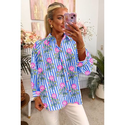 Blue Striped Floral Print Buttoned Cuffs Loose Fit Shirt