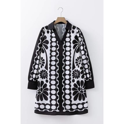 Black Polka Dot Floral Printed V Neck Long Sleeve Shift Mini Dress