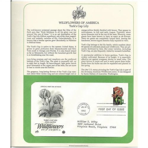 WILDFLOWERS OF AMERICA : TURK'S CAP LILY 'OFFICIAL FIRST DAY of ISSUE ' (1992)