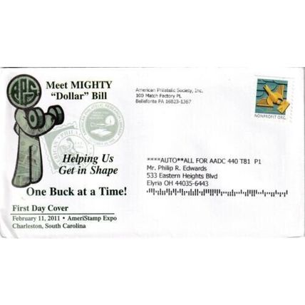 United States 2011 Meet Mighty Dollar Bill FDC typed VGC