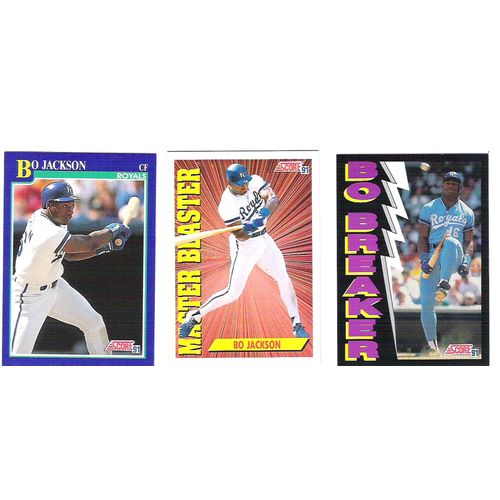 Three 1991 Score Bo Jackson baseball cards – 5, 692, 773 – NM Royals