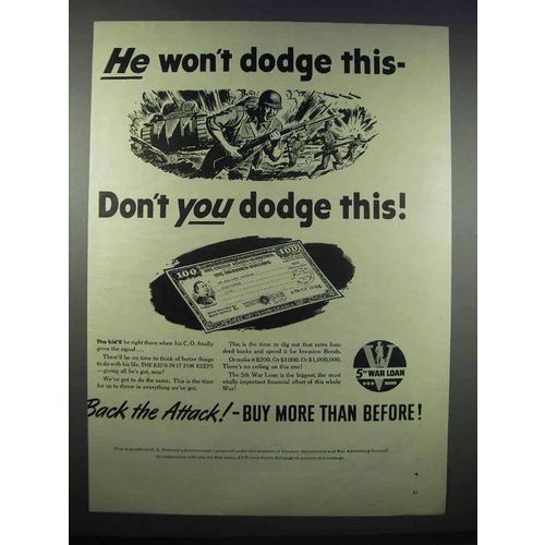 1944 U.S. Treasury 5th War Loan Ad - He Won't Dodge