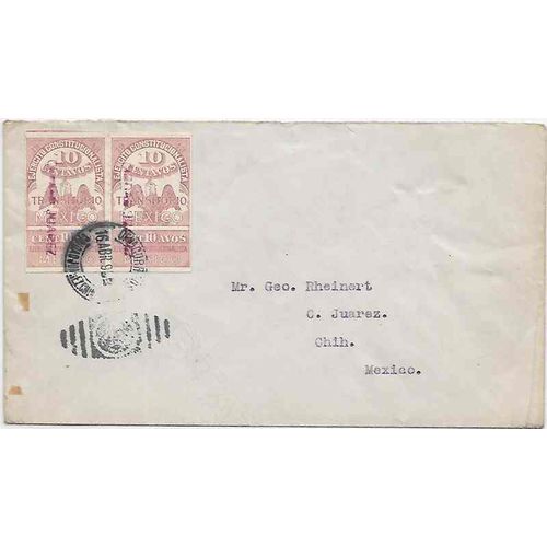 Mexico #350a Rouletted Pair 1916 Chiguagua to Chihuahua, Juarez Overprint