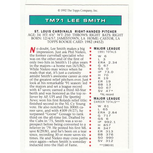 1992 Topps Magazine baseball TM71 Lee Smith insert card –NM- Cardinals
