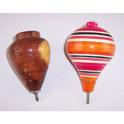 Vintage Lot of 2 Throw Throwing Tops, 1 Hardwood, 1 Hand Painted