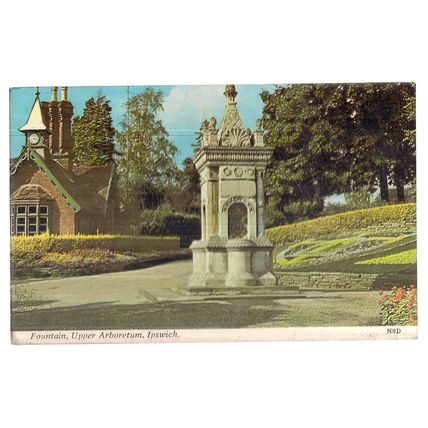 FOUNTAIN, UPPER ARBORETUM IPSWICH SUFFOLK used postcard Harvey Barton 1979 pm =