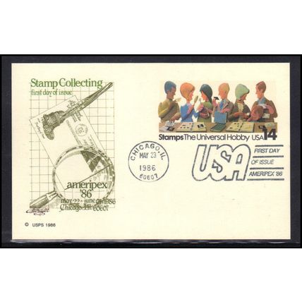 FDC UX110 14c Stamp Collecting AMERIPEX '86 (Cachet-U/A) Box0349