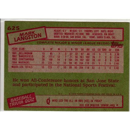 1985 Topps Mark Langston baseball Rookie card #625– Mariners RC