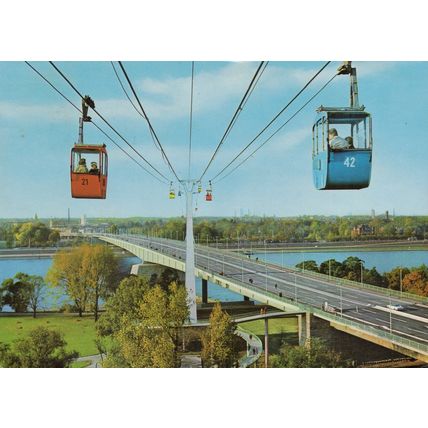 Postcard Zoobrucke and Rheinseilbahn, Koln am Rhein. Cable car, Cologne, Germany