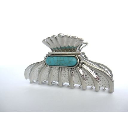 Hair claw clip turquoise blue stone textured silver metal western design