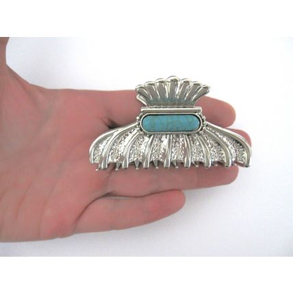 Hair claw clip turquoise blue stone textured silver metal western design