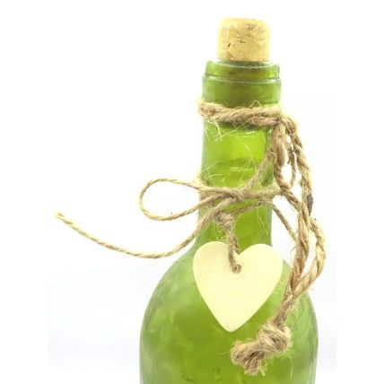 Green Waffle Decorative Bottle LED Glass with Wood Heart Charm & Cork Stopper