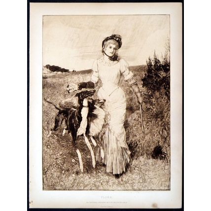 FLORA 1893 Robert Walker Macbeth woman dogs whip VICTORIAN ETCHING