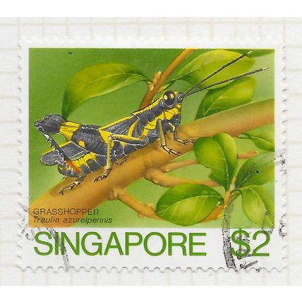 SINGAPORE 1985 INSECTS GRASS HOPPER $2 BOTH PRINTINGS USED