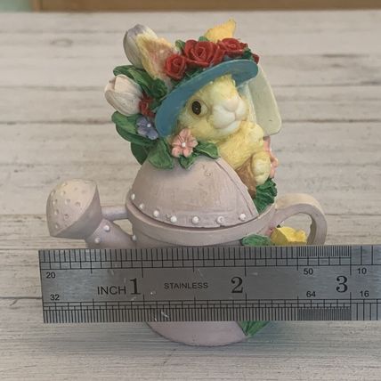 Vintage Bunny Rabbit Watering Can Lidded Trinket Box Tulips Roses Sun Bonnet Hat