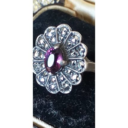 Antique Vintage Victorian 1860-s Silver Amethyst Ring - UK Size N, US 6 3/4