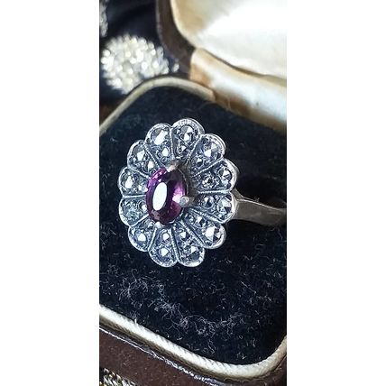Antique Vintage Victorian 1860-s Silver Amethyst Ring - UK Size N, US 6 3/4