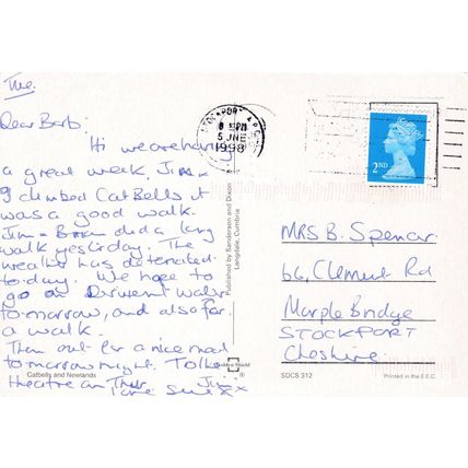 Catbells Derwent Water Postcard posted 1998 marks on face