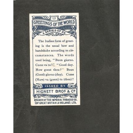Cigarette Card Hignett Greetings of the World 1907 #17 Italy