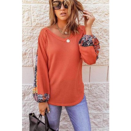 Orange Contrast Eyelet Thermal Knit Top