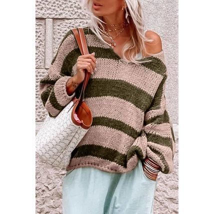 Green Striped Colorblock Knit V Neck Loose Fit Sweater