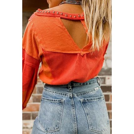 Red Studded V Neckline Exposed Seam Textured Knit Top