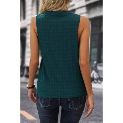 Sea Green Lattice Textured Split Neck Tank Top