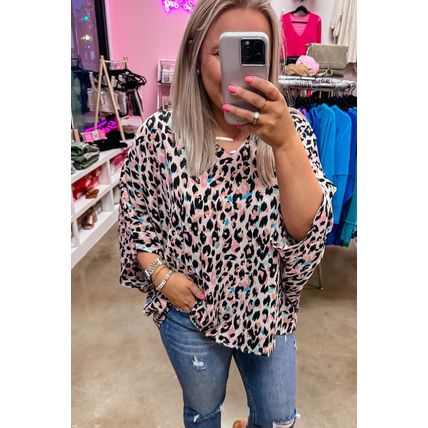 Brown Leopard Print V Neck Batwing Sleeve Plus Size Top