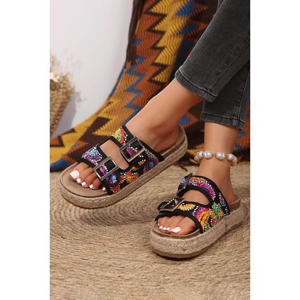 Black Paisley Print Double-Buckle Wedge Slippers