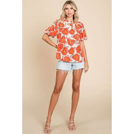 Orange Floral Bubble Sleeve Frill Neck Loose Blouse