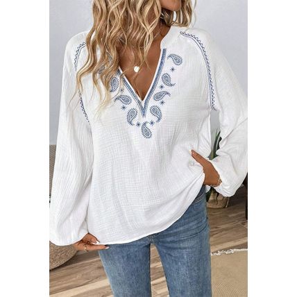 White Paisley Embroidered Textured Split Neck Long Puff Sleeve Blouse