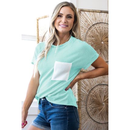 Light Blue Corded Knit Color Block Pocketed Crew Neck T Shirt