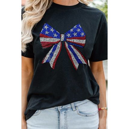 Black Rhinestone Stars and Stripes Bow Graphic Independence Day T Shirt