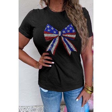 Black Rhinestone Stars and Stripes Bow Graphic Independence Day T Shirt