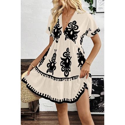 Black Vintage Print V Neck High Waist Short Sleeve Dress