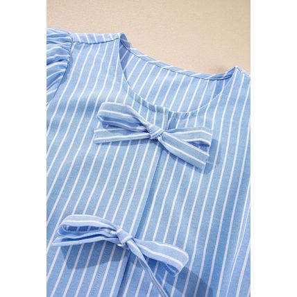 Sky Blue Striped Bowknot Detail Puffy Sleeve Top and Shorts 2Pcs Set